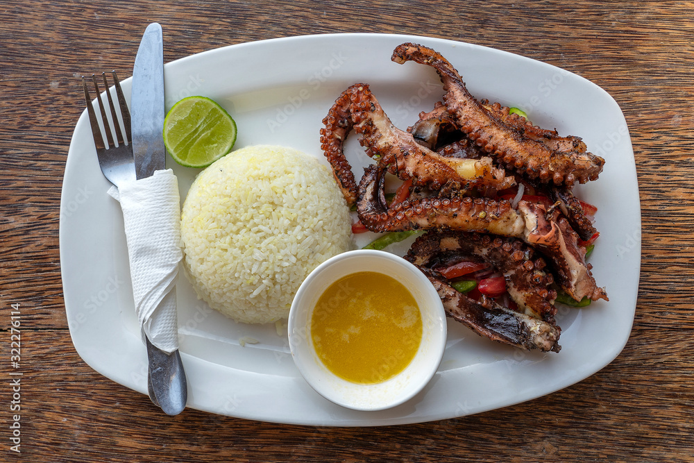 Fried octopus tentacles with white rice on a plate, close up Fried octopus tentacles with white rice on a plate, close up