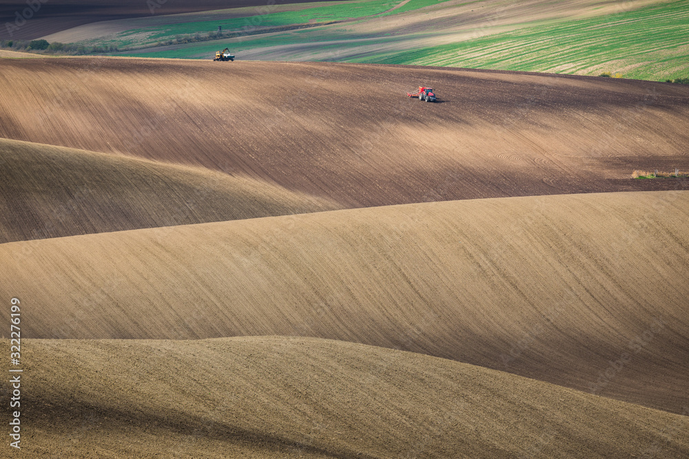Beautiful colorful autumn landscape with working farmers on tractors in curved fields in south moravia