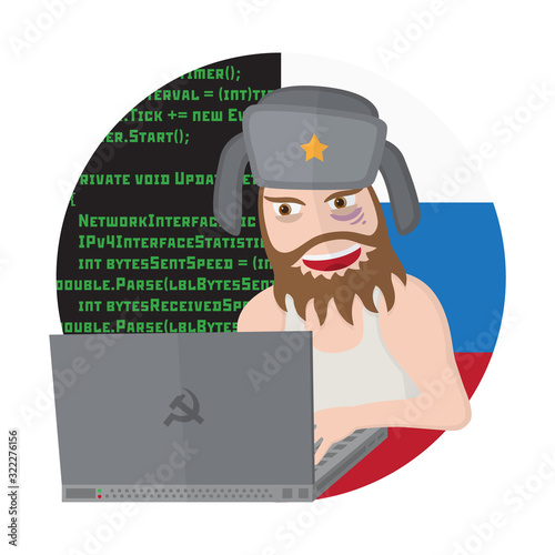 Russian hacker with laptop isolated on white background.