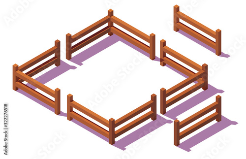 Wooden isometric fences. 3D realistic icons. Design elements isolated on white background. Vector illustration.