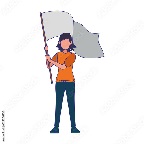 woman standing holding a white flag icon, colorful design
