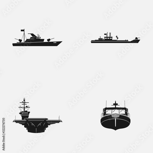 Set of naval fleet elements flat vector icons.