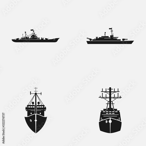 Set of naval fleet elements flat vector icons.