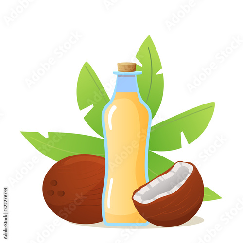  Coconut oil in a glass bottle with coco and palm leaves isolated on white background. Realistic illustration vector. Banner concept for cosmetics, cooking. Organic natural product.