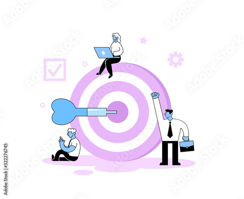 Business people in front of big dartboard. Targeted advertising, business, marketing. Cartoon style flat vector illustration. Isolated on white background.