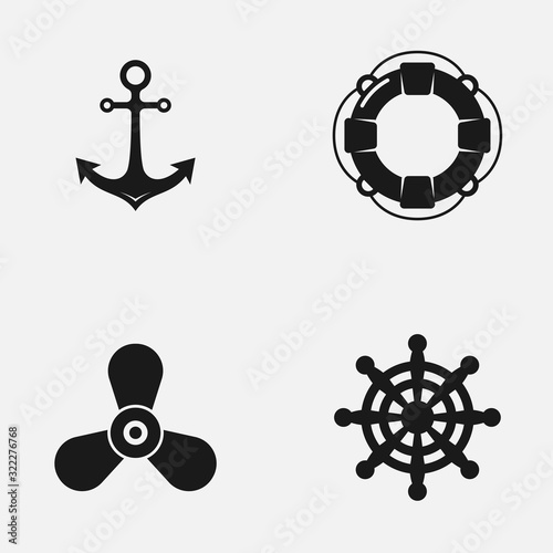 Set of anchor, lifebuoy, steering wheel and propeller black and white vector icon.