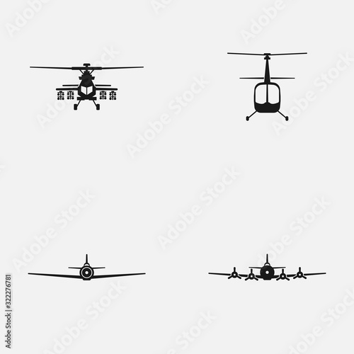 Set of military aircrafts and helicopters black and white vector icons.