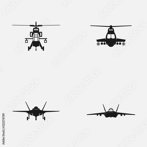 Set of military aircrafts and helicopters black and white vector icons.