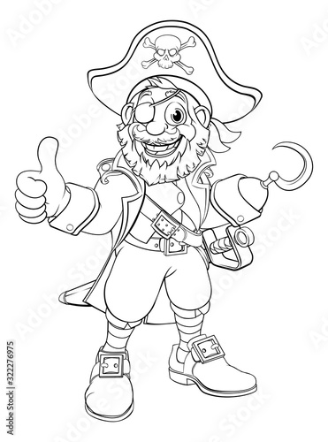 A pirate captain cartoon character in black and white outline like a colouring book page photo