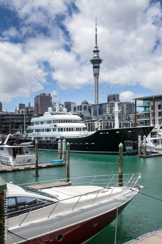 Photography Auckland New Zealand. Harbour with yachts and boats. Skytower