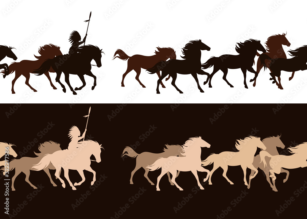 native american tribal chief riding horse among galloping mustang herd ...