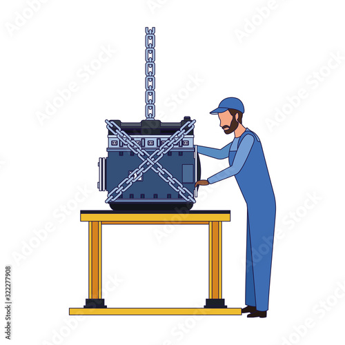mechanic standing supervising a car engine on a table, colorful design