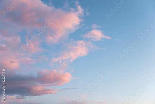 Fototapeta Naklejka Na Ścianę i Meble -  dreamy sky background, one half with fluffy pink clouds and blue side with copy space