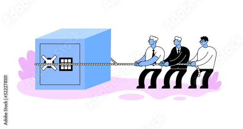 Group of businessmen pulling bid security safe with a rope. Banking security and reliability concept. Cartoon style flat vector illustration. Isolated on white background.