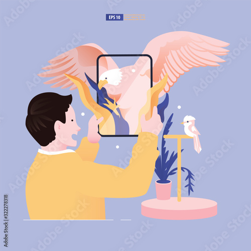 Augmented reality and virtual reality concept template vector illustration. Man view 3D animal in a tablet