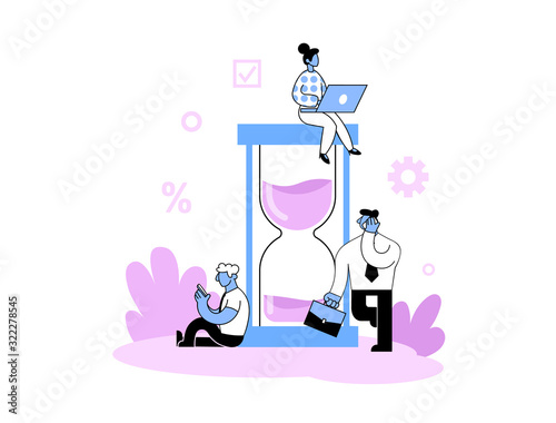 Business people working around big hourglass. Time management, deadline concept Cartoon style flat vector illustration. Isolated on white background.