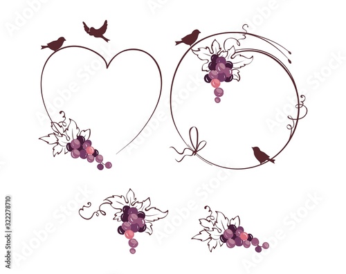 Frame from grapes and bird / Set vector illustration, floral design element for wedding invitations