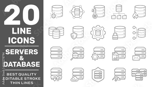 Collection of Servers and Database liner icons. Detailed vector icons. Servers, databases, network devices and cloud computing concept. Editable Stroke. EPS 10