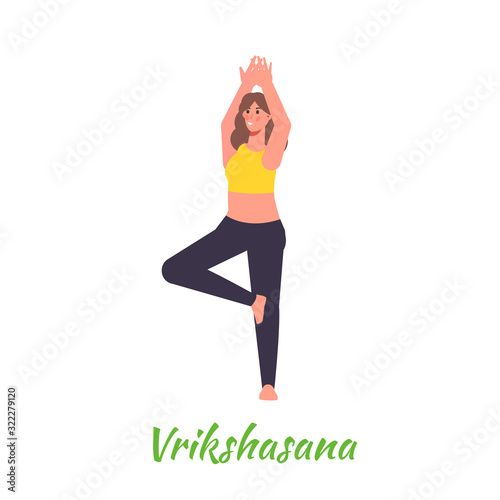  Girl in yoga Tree pose,  practicing Hatha yoga. Vrikshasana asana. Vector illustration.