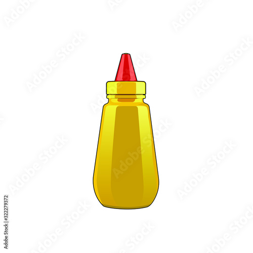 Mustard sauce squeeze bottle. Hot dog sauce. Yellow seasoning. Vector graphic illustration