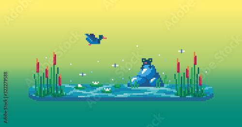 Pixel art swamp with cute frog, reeds, water lilies and duck.
