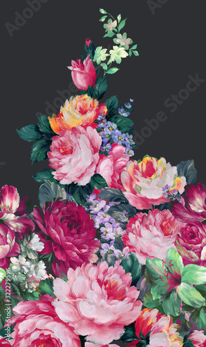 Colorful flower on dark background Flowers watercolor illustration leaves and floral   Design for textile  wallpapers