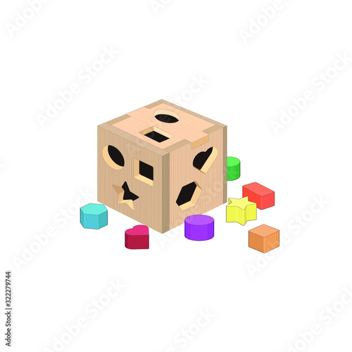 Puzzle cube, sorting shapes toy. Early education, children development. Kids game. Puzzle box. Vector graphic illustration