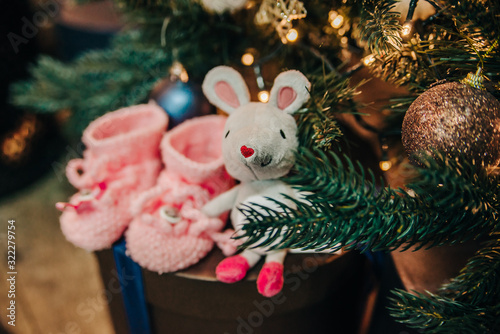 newborn shoes, plush mouse, Christmas decorations