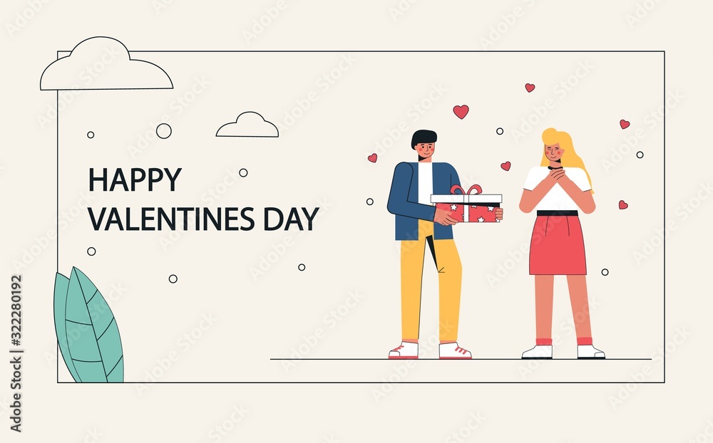 Characters for the feast of Happy Valentine's Day. Vector illustration of a couple in love, young man gives a giftbox to a cute woman. Can use banner, flyer, poster landing page, greeting card. Characters for the feast of Happy Valentine's Day. Vector illustration of a couple in love, young man gives a giftbox to a cute woman. Can use banner, flyer, poster landing page, greeting card.