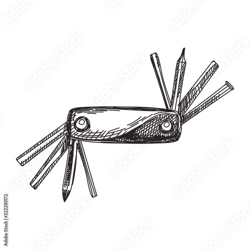 Swiss army knife hand drawn black and white vector illustration
