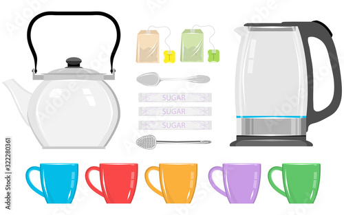 A tea set. Teapot and a mug. Glass teapot, tea bag, green tea. Set of Electric kettle, retro kettle, sugar and cup. Vector illustration of logo for ceramic teapot.