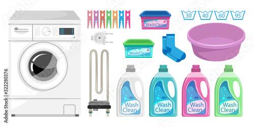 Washing Powder & Liquid Detergents. Laundry room interior with washing machine, clothes pin, socks, household chemistry cleaning, washing powder and basket. Heating element for a washing machine.