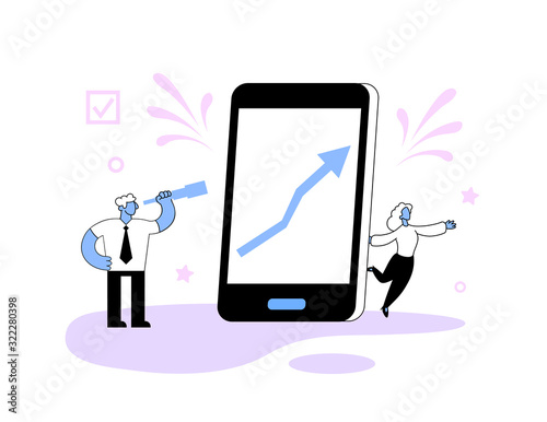 Businessman observes a growing diagram on mobile phone screen through the spyglass. Diagrams, graphs, statistics, analytics, data reporting concept. Cartoon style flat vector illustration.