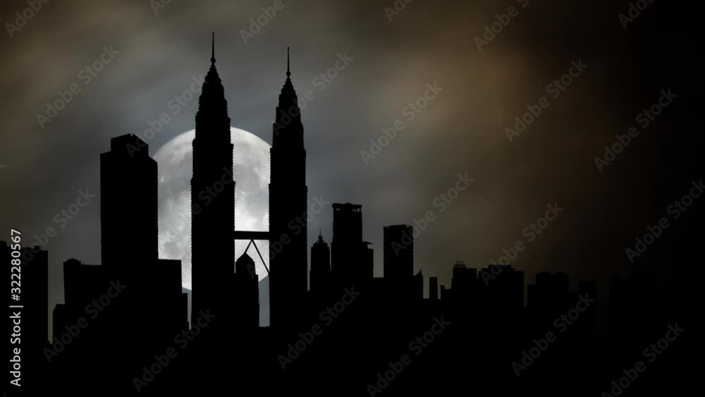 Malaysia: Kuala Lumpur Skyline by Night,Time Lapse with Big Full Moon and Silhouette of Skyscrapers Malaysia: Kuala Lumpur Skyline by Night,Time Lapse with Big Full Moon and Silhouette of Skyscrapers