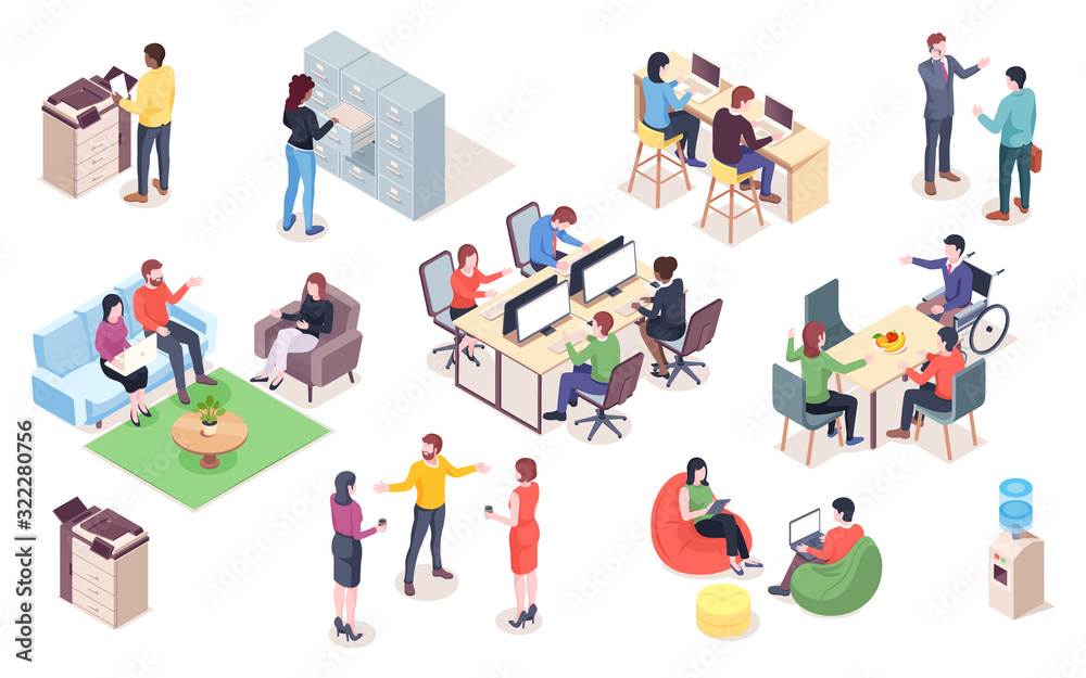 Set of vector office elements with people. Isometric coworking or open  space elements for infographic or business icon for meeting. Man and woman  work at workplace, reception. Interior design Stock Vector |