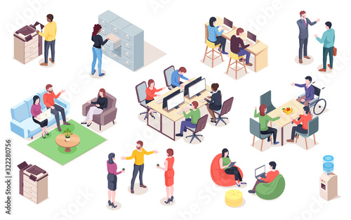 Set of vector office elements with people. Isometric coworking or open space elements for infographic or business icon for meeting. Man and woman work at workplace  reception. Interior design