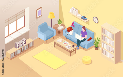 Isometric living room with woman freelancer and notebook. Girl doing freelance job at sofa. Remote worker on couch with cat and cup of coffee. Home office for lady. Interior with worker.