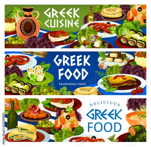 Greek food vector banners of olive salad with vegetables and feta, moussaka, eggplant and cheese rolls. Seafood risotto, pita bread, meat and spinach pies, dolma, meatballs keftedes and squid rings