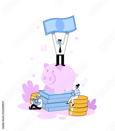 Cartoon businessman on top of big piggy bank holding up a big banknote. Success in business concept. Cartoon style flat vector illustration. Isolated on white background.