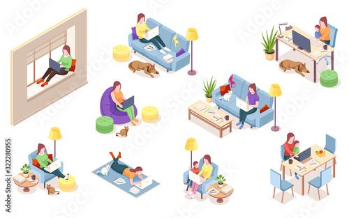 Set of isolated vector woman at workplace. Girl with notebook sitting in chair bag, windowsill, sofa desk with computer, lying on floor. Freelancer working with dog, cat, pet.Isometric office employee