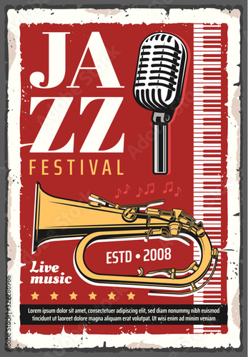 Jazz music festival concert poster with trumpet brass instrument and piano keyboard, musical notes and retro microphone. Live music show of jazz band invitation design