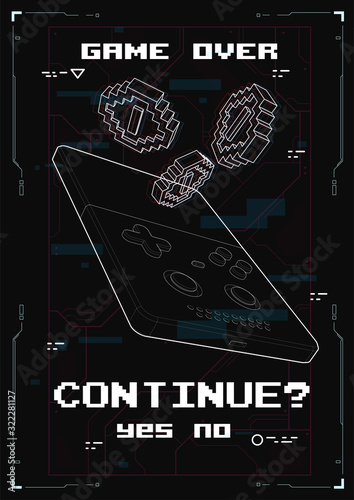 Retro handheld video game device. Creative HUD poster. Modern template for web and print.