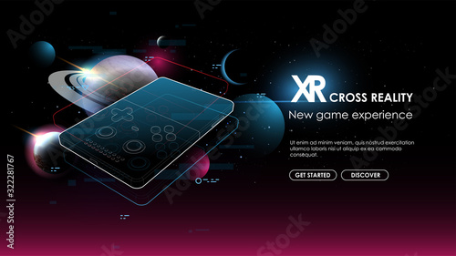 Gaming concept. Game over on portable console. Creative futuristic concept. Modern template for web and print. Cross reality concept.