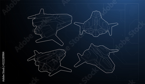 illustration of a spaceship fighter. Set of outline ship views. science fiction illustration for web and print.