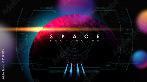 Horizontal space background with flying spaceship and planets. Astronomical scientific background with futuristic HUD elements.