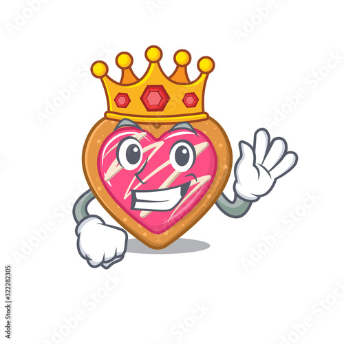 A cartoon mascot design of cookie heart performed as a King on the stage