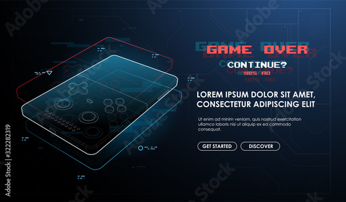 Gaming concept. Game over on portable console. Creative futuristic concept. Modern template for web and print. Cross reality concept.