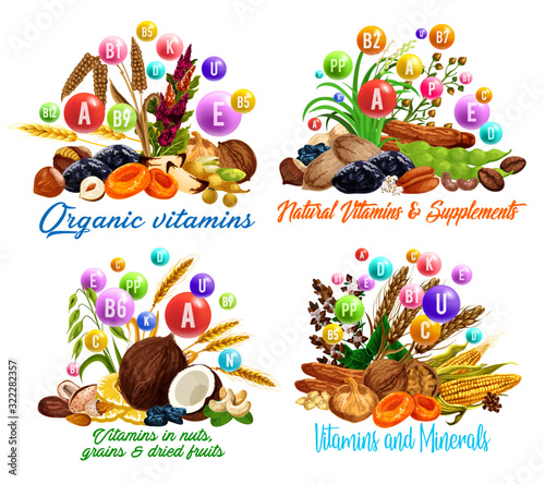 Vitamins in dried fruits, nuts, cereal grains and beans vector design. Raisins, dates and figs, hazelnuts, walnuts and prunes, wheat, almonds and cashews, coconuts, pistachio and oat