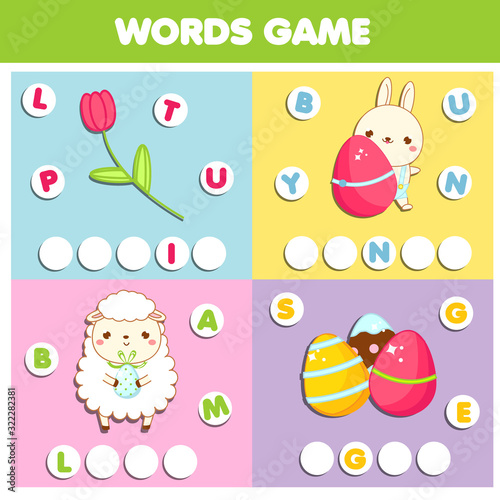 Easter theme word game for kids and toddlers. Educational children game.