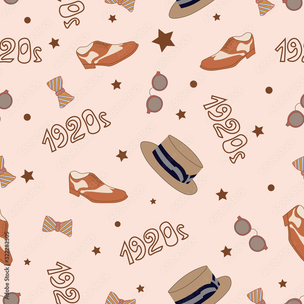 Naklejka premium Seamless pattern set men's clothes and accessories 1920s hat, butterfly, glasses, shoes. Vector men's suit on black background